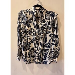 Johanna Ortiz Floral Blouse Long Sleeve Blue White Sz 2 Tencel‎ Designer $1200